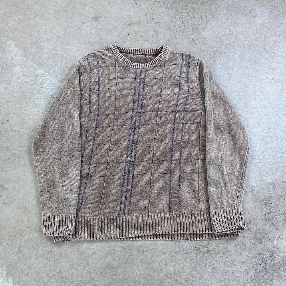Vintage Plaid Sweater Size Medium Brown Striped Crewneck Pullover